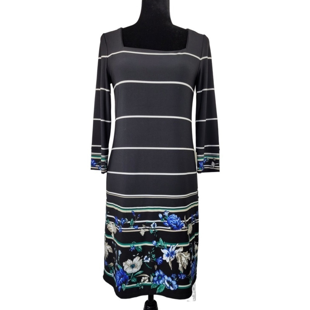 ✅ White House Black Market Size S Black Floral & Stripe Dress LINED GREEN/BLUE